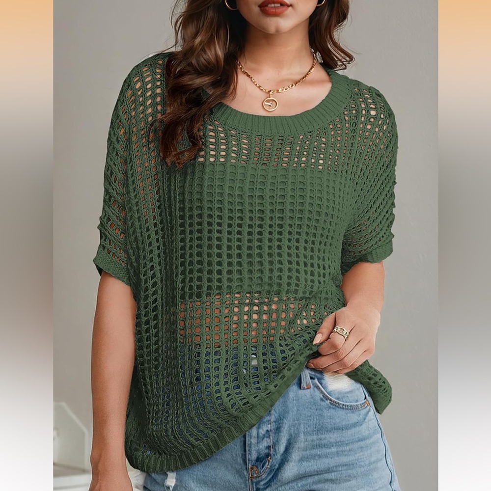 UHU crocheted short sleeve mesh Green Knit Sweater trendy top - Picture 3 of 15